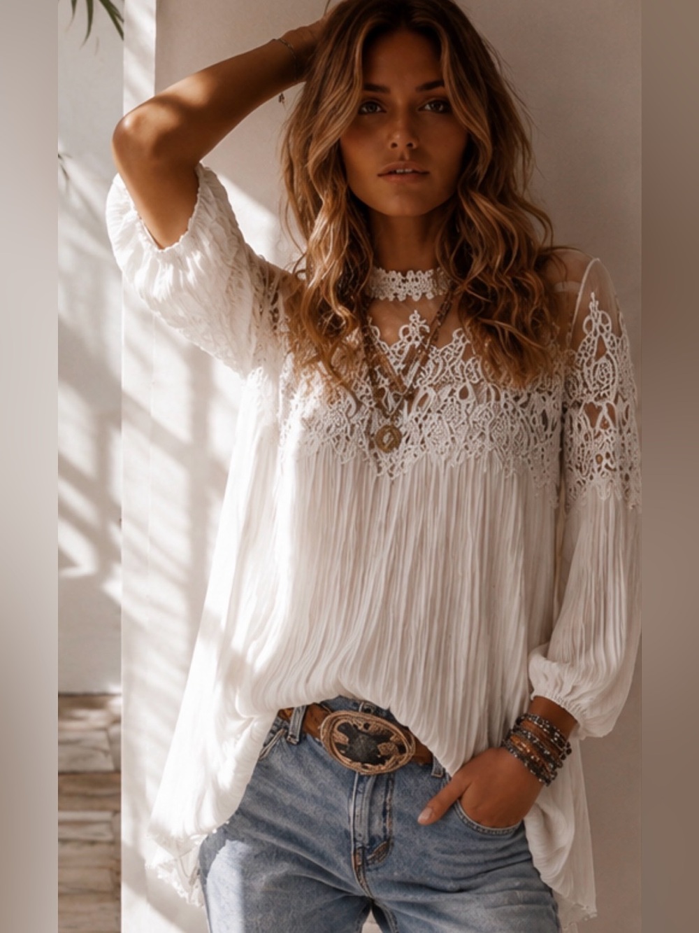 Boho Lace Pleated Tunic Dress | Romantic Boho Chic - Picture 11 of 15
